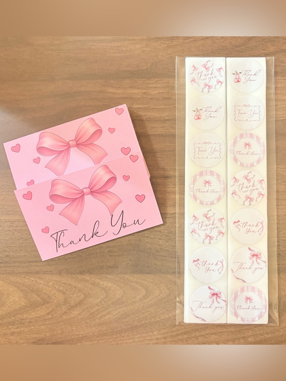 25 Bows & Hearts Thank You Cards w/100 Matching Bow Stickers